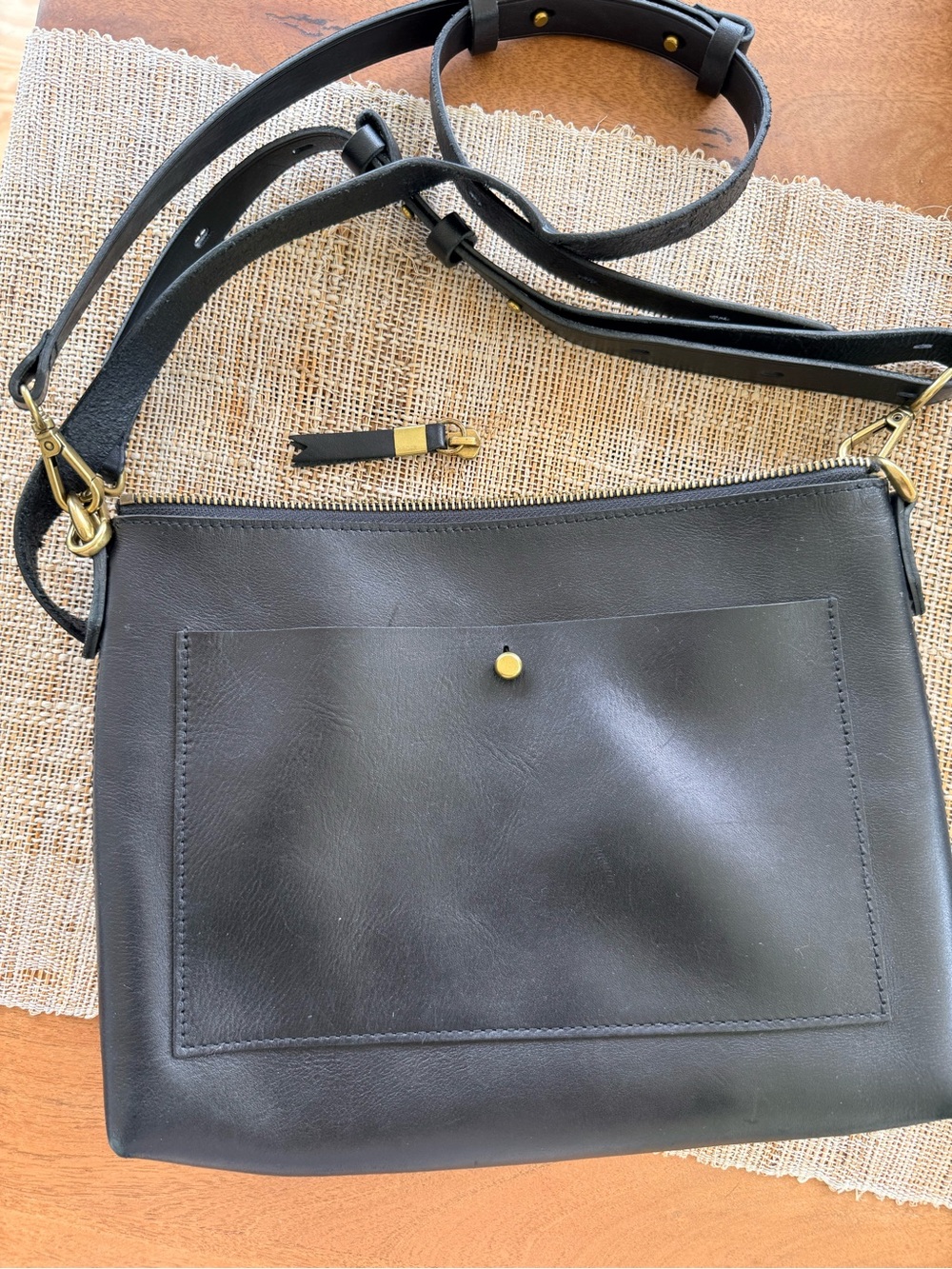 *Project bag, zipper needs replacing. Black Leather Crossbody with Gold Hardware
